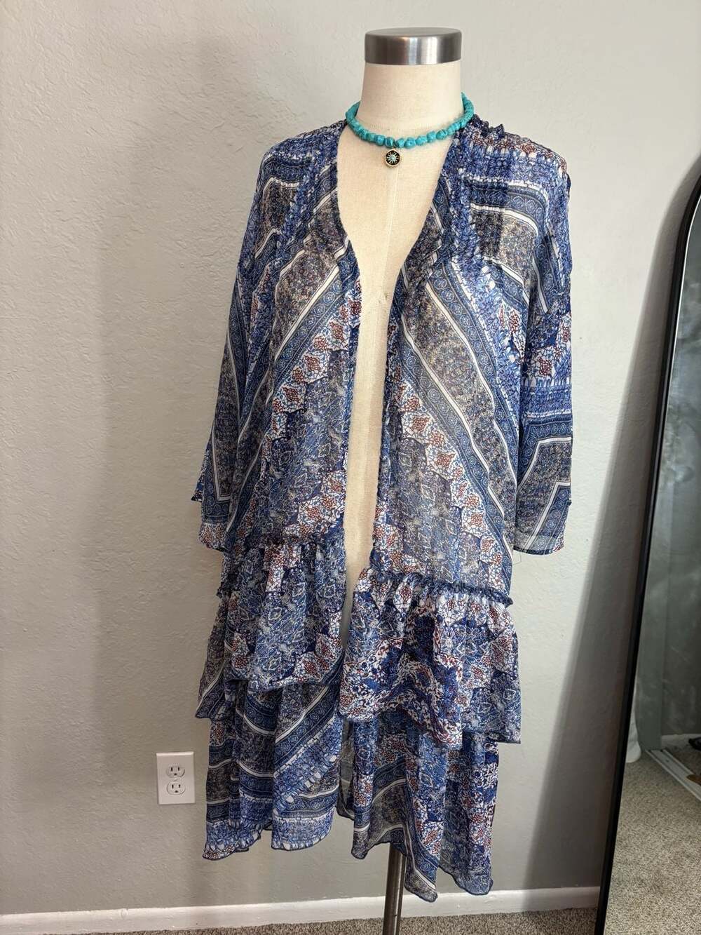 Abercrombie & Fitch Blue Paisley Print Sheer Tiered Kimono